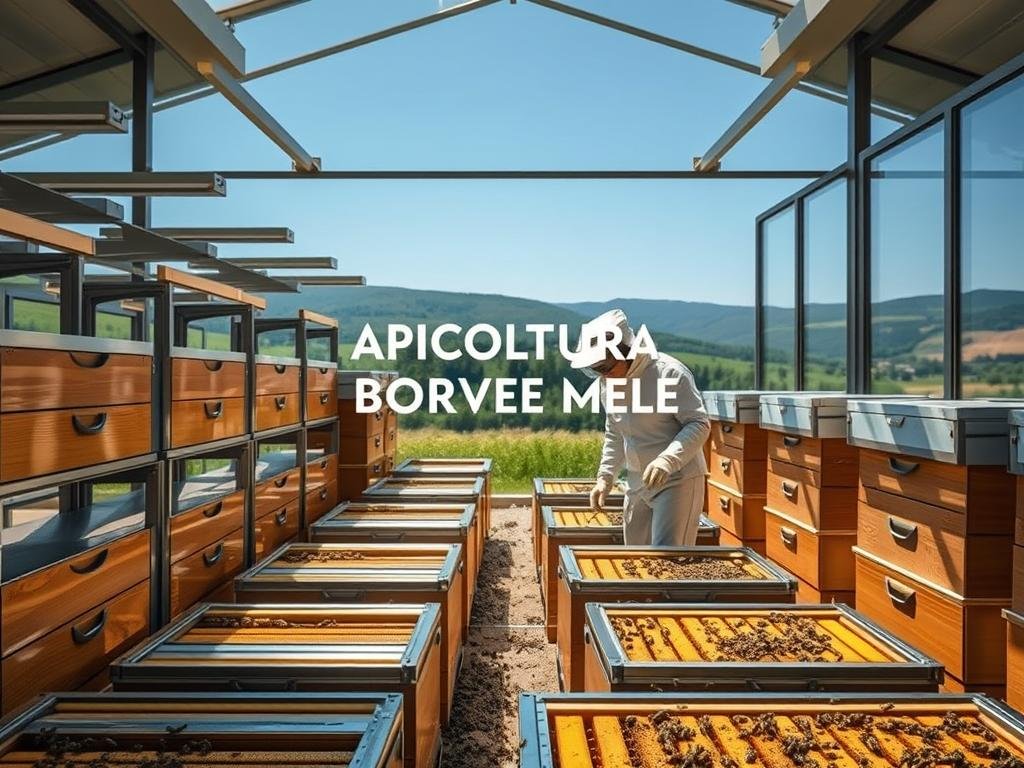 A modern apiary with sleek, state-of-the-art beehives arranged in a tidy, organized layout. The hives are made of gleaming metal and polished wood, reflecting the natural light that streams in through the large windows. In the foreground, a beekeeper in a crisp white suit carefully tends to the bees, their movements graceful and precise. The background features a serene landscape, with rolling hills and a clear blue sky. The overall atmosphere conveys a sense of efficiency, innovation, and harmony between technology and nature. Prominently displayed is the brand name "APICOLTURA BORVEI MIELE", reflecting the modern and professional approach to beekeeping.