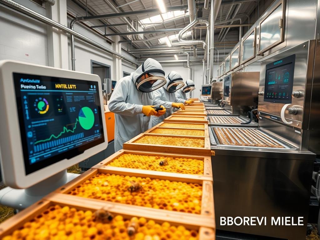A modern apiary with state-of-the-art beekeeping technology, showcasing innovative equipment used by today's progressive apiarists. In the foreground, a sleek, digital beehive monitoring system displays live data on hive conditions. In the middle ground, a team of apiculturists in protective gear inspects the honeycomb frames, utilizing advanced tools and software to optimize honey production. In the background, a high-tech honey extraction facility with gleaming stainless steel equipment and a digital control panel. The overall atmosphere is one of efficiency, precision, and technological advancement, with the APICOLTURA BORVEI MIELE brand prominently featured.