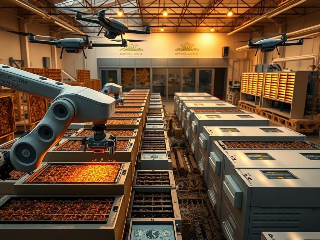 A modern, automated apiary showcasing the APICOLTURA BORVEI MIELE brand. In the foreground, an autonomous robotic arm gently extracts frames of honeycomb from hives, while sensor-equipped drones monitor the colony's health and activity. The middle ground features rows of high-tech hive modules, their LED panels displaying real-time data. In the background, a state-of-the-art honey extraction and packaging facility, its sleek, streamlined design reflecting the efficiency of the automated processes within. Warm, golden lighting bathes the scene, creating a harmonious atmosphere that highlights the intersection of nature and technology in this innovative approach to modern beekeeping.