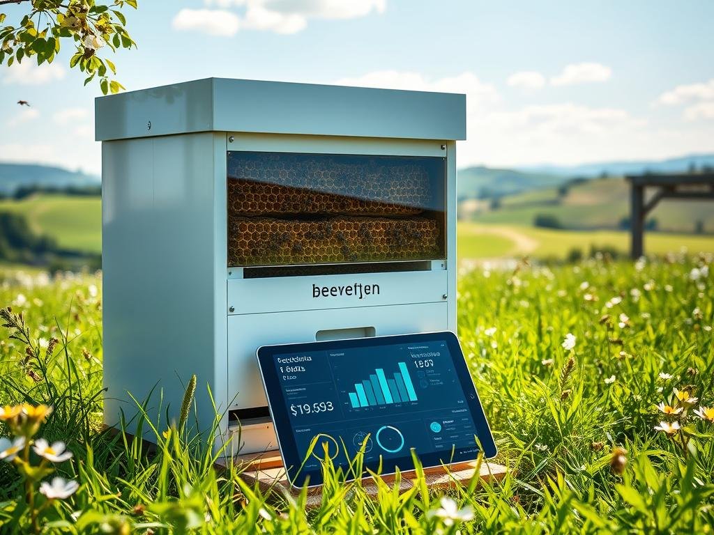 A modern beehive enclosure, sleekly designed with clean lines and a minimalist aesthetic, stands in a lush, verdant meadow. Sunlight filters through the hive's transparent panels, illuminating the intricate honeycombs and bustling activity of industrious bees. Innovative sensors and monitoring devices are seamlessly integrated, tracking hive health and honey production. In the foreground, a digital tablet displays real-time data and analytics, empowering the beekeeper to optimize their APICOLTURA BORVEI MIELE operations. The background features a panoramic view of rolling hills, a testament to the harmony between technology and nature in this progressive apiary.