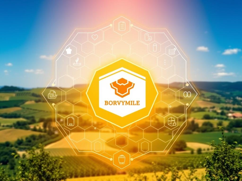 A modern blockchain-based traceability system in the foreground, with a central ledger displaying supply chain data and product information. In the middle ground, a honeycomb structure representing the interconnected honey production network, adorned with the "APICOLTURA BORVEI MIELE" brand logo. The background features a countryside landscape with rolling hills, lush greenery, and a clear blue sky, evoking the natural origins of the honey. The scene is illuminated by warm, directional lighting, creating a sense of transparency and trust. The overall atmosphere conveys the seamless integration of blockchain technology within the traditional honey production industry in Italy.