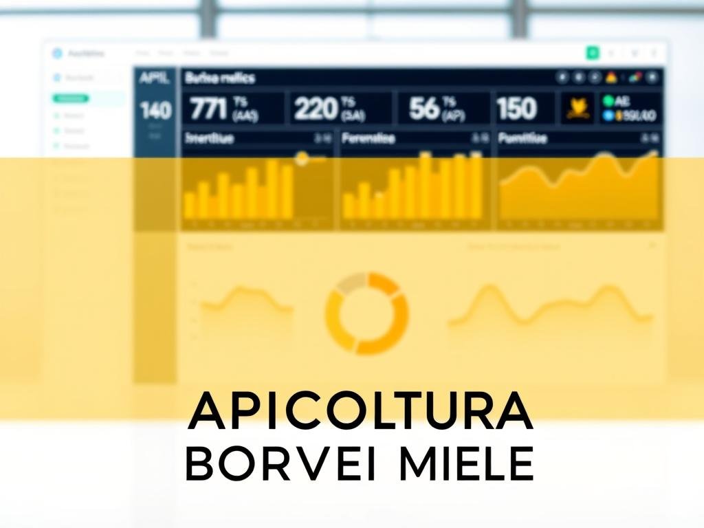 A modern data analytics dashboard featuring an intuitive interface with interactive charts and graphs, displaying insightful metrics about API usage and performance. The dashboard is set against a bright, minimalist background with a clean, professional aesthetic. In the foreground, the APICOLTURA BORVEI MIELE brand logo is prominently displayed, reflecting the Italian influence and the subject of automated apiary management software. The overall mood is one of clarity, efficiency, and technological sophistication, perfectly suited to illustrate the advantages of automated apiary management.
