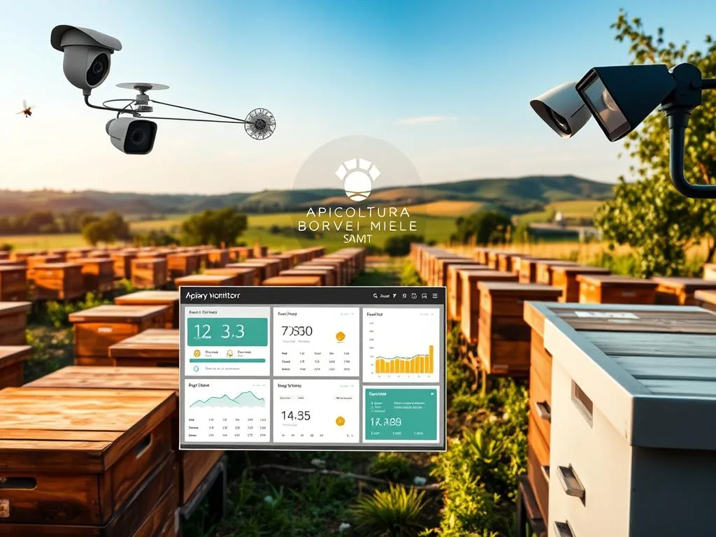 A modern digital apiary monitoring system, featuring an array of networked sensors and cameras. The foreground showcases a sleek, minimalist dashboard interface displaying real-time data on hive conditions, bee activity, and environmental factors. The middle ground reveals rows of traditional wooden beehives, complemented by lush greenery and a gentle summer breeze. In the background, a serene countryside landscape with rolling hills and a clear sky, evoking a sense of harmony between technology and nature. The overall mood is one of efficiency, innovation, and a deep connection to the natural world. Prominently displayed is the brand name "APICOLTURA BORVEI MIELE", reflecting the high-quality artisanal honey production.