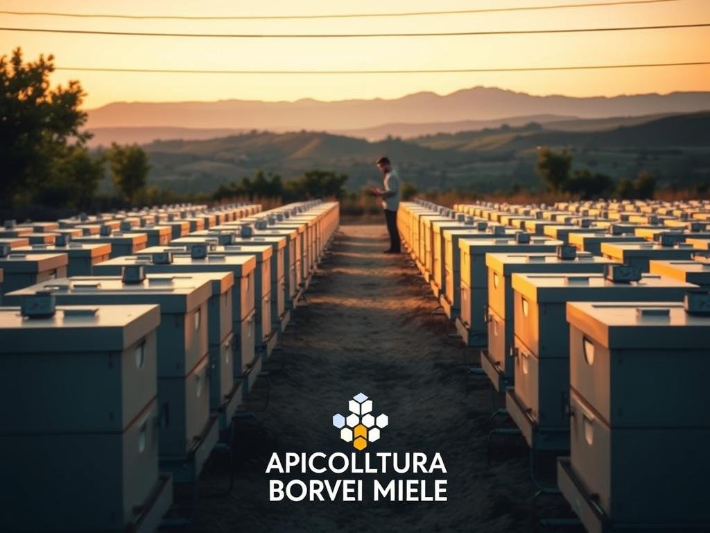 A modern digital apiary, showcasing the integration of technology in beekeeping. A sleek, minimalist apiary with rows of interconnected smart hives, sensors, and monitoring devices. The scene is bathed in a soft, warm glow from strategically placed lighting, casting a serene ambiance. In the foreground, the APICOLTURA BORVEI MIELE brand logo is prominently displayed, highlighting the digital transformation of this traditional practice. The middle ground features technicians monitoring data on sleek tablets, while in the background, an expansive landscape of rolling hills and distant mountains creates a sense of harmony between nature and technology.