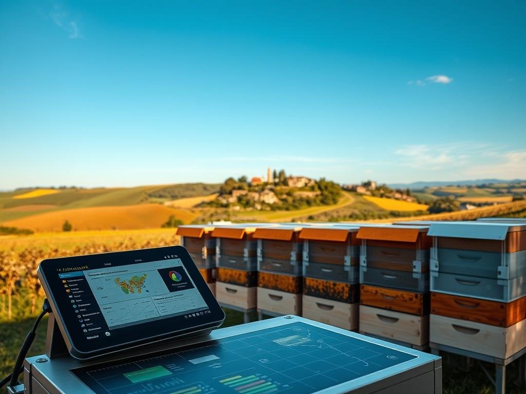 A modern digital apiary, the "Apicoltura" system showcases cutting-edge apiculture technology. In the foreground, a sleek, touch-enabled control panel displays real-time data on hive conditions, honey production, and environmental factors. The middle ground features a row of Internet-connected beehives, their frames and combs visible through transparent panels. In the background, a serene Italian countryside landscape unfolds, with rolling hills, a distant village, and a vibrant blue sky. Warm, ambient lighting illuminates the scene, creating a sense of innovation and progress within a traditional agricultural setting.