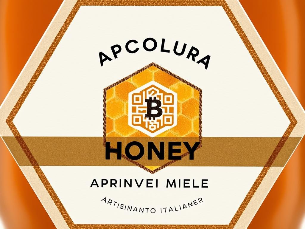 A modern, digital certification label for artisanal Italian honey, showcasing the APICOLTURA BORVEI MIELE brand. The label features a hexagonal honeycomb pattern, with a central QR code and blockchain icon, set against a soft, gradient background evoking the warm tones of honey. Metallic foil accents add a premium, tactile feel. The composition is clean, minimalist, and optimized for digital applications, reflecting the forward-thinking, technology-driven nature of this digital certification system for the apiculture industry.