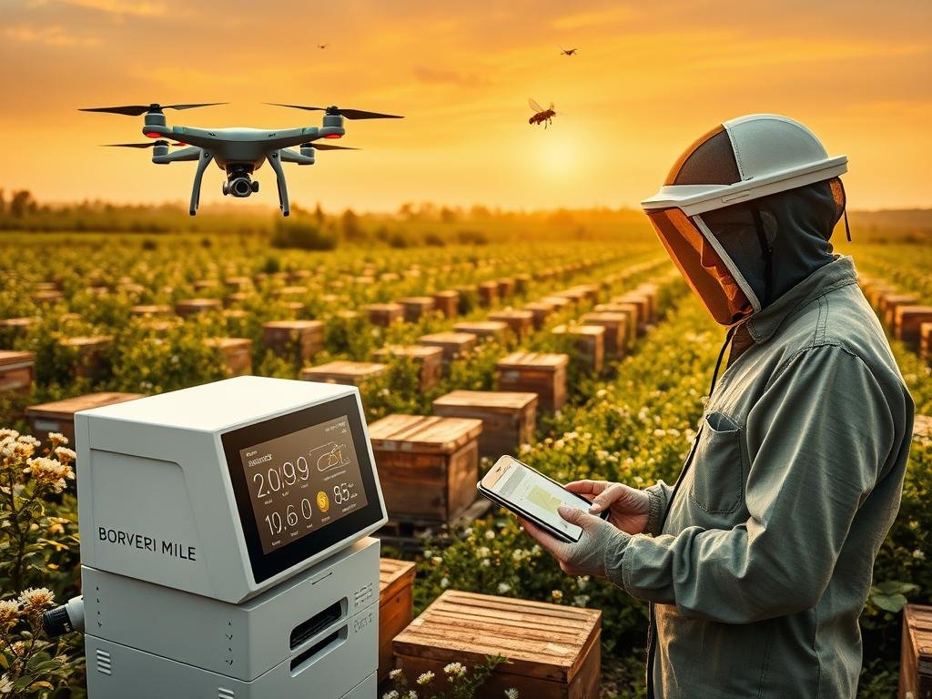 A modern, digitally-enhanced apiarian landscape. In the foreground, a sleek, automated beehive monitoring system displays real-time data on its crisp, touch-enabled interface. Drones buzz around, tending to the hives with precision. In the middle ground, a beekeeper uses a specialized app on their tablet to oversee the entire operation, optimizing conditions for maximum honey production. The background depicts a lush, verdant apiary, with rows of traditional wooden hives nestled amongst blooming flowers. Overhead, the sky is bathed in a warm, golden glow, evoking a sense of technological progress in harmony with nature. The branding "APICOLTURA BORVEI MIELE" is prominently featured on the monitoring system, reflecting the evolution of traditional beekeeping into a digital, data-driven enterprise.