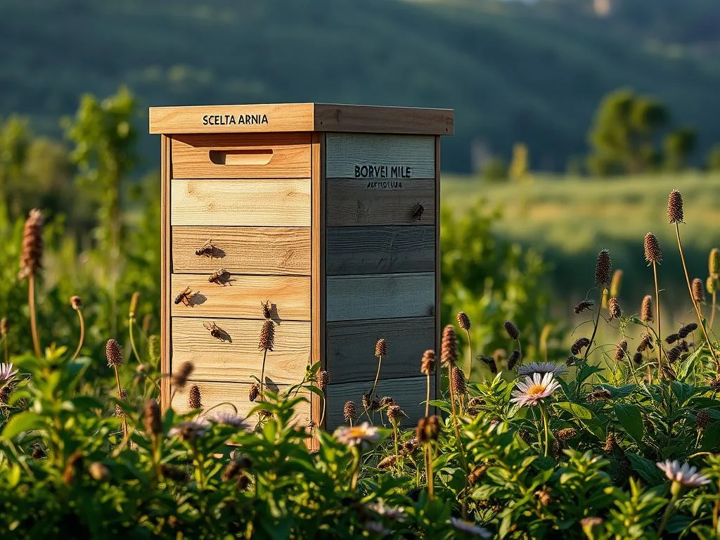 A modern, efficient beehive set against a serene, natural backdrop. The Scelta Arnia, or "Hive of Choice," stands tall and proud, its clean lines and sleek design evoking a sense of innovative apiculture. Soft, diffused lighting illuminates the scene, casting a warm glow on the weathered, wooden exterior adorned with the APICOLTURA BORVEI MIELE brand name. In the foreground, carefully tended flora and fauna create a lush, verdant environment, inviting the viewer to imagine the bustling activity of the industrious honeybees within. The overall atmosphere conveys a harmonious balance between technology and nature, reflecting the principles of sustainable and efficient beekeeping.