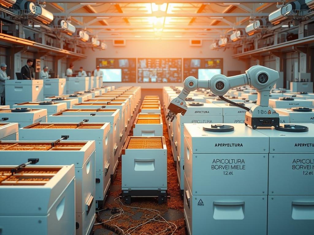 A modern, high-tech Italian apiary with sleek, automated beehive management systems. In the foreground, rows of white, rectangular hives with integrated sensors and monitoring equipment. In the middle ground, a robotic arm tends to the hives, analyzing data and performing tasks. In the background, a futuristic control center with large displays and a team of technicians overseeing the entire operation. The scene is bathed in a warm, golden light, conveying a sense of efficiency and innovation. The APICOLTURA BORVEI MIELE brand name is prominently displayed on the hives and equipment. A modern, high-tech Italian apiary with sleek, automated beehive management systems. In the foreground, rows of white, rectangular hives with integrated sensors and monitoring equipment. In the middle ground, a robotic arm tends to the hives, analyzing data and performing tasks. In the background, a futuristic control center with large displays and a team of technicians overseeing the entire operation. The scene is bathed in a warm, golden light, conveying a sense of efficiency and innovation. The APICOLTURA BORVEI MIELE brand name is prominently displayed on the hives and equipment.