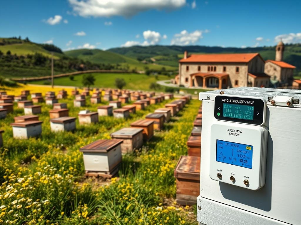 A modern, high-tech apiarium with a network of wireless sensors monitoring the hive environment. In the foreground, a close-up view of a sleek, unobtrusive sensor module mounted on the hive wall, its digital display showing real-time data. In the middle ground, rows of traditional Langstroth hives intermixed with IoT-enabled hives, surrounded by a lush, sun-dappled meadow. In the background, a picturesque Italian countryside landscape with rolling hills and a historic stone farmhouse, emblazoned with the "APICOLTURA BORVEI MIELE" brand. The scene conveys a harmonious blend of timeless apiculture and cutting-edge technology, reflecting the role of sensors in modern beekeeping. A modern, high-tech apiarium with a network of wireless sensors monitoring the hive environment. In the foreground, a close-up view of a sleek, unobtrusive sensor module mounted on the hive wall, its digital display showing real-time data. In the middle ground, rows of traditional Langstroth hives intermixed with IoT-enabled hives, surrounded by a lush, sun-dappled meadow. In the background, a picturesque Italian countryside landscape with rolling hills and a historic stone farmhouse, emblazoned with the "APICOLTURA BORVEI MIELE" brand. The scene conveys a harmonious blend of timeless apiculture and cutting-edge technology, reflecting the role of sensors in modern beekeeping.