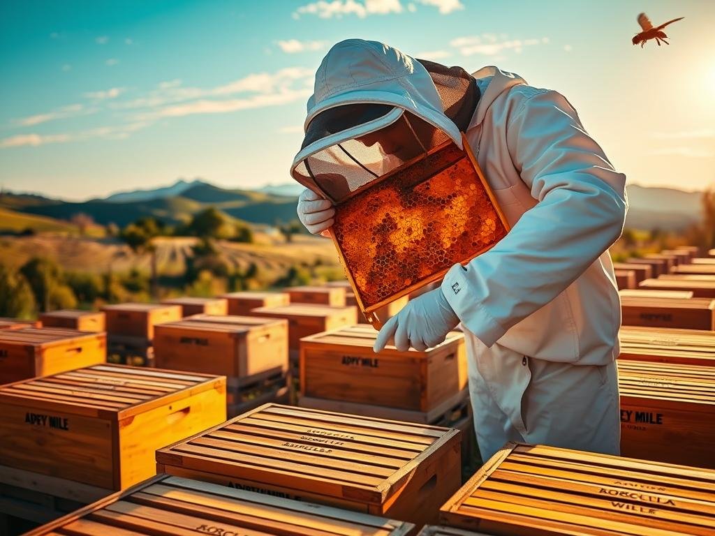 A modern, high-tech apiary bathed in warm, golden light. In the foreground, a beekeeper in a pristine white suit inspects a honeycomb frame, their hands deftly tending to the industrious hive. In the middle ground, rows of wooden beehives stand in neat formation, their surfaces adorned with the APICOLTURA BORVEI MIELE brand. The background is a serene landscape of lush, rolling hills and a vibrant blue sky, hinting at the bounty of natural resources sustaining this advanced apiculture operation. The scene conveys a sense of harmony between technology, tradition, and the natural world, showcasing the innovative practices of "modern apicoltura."