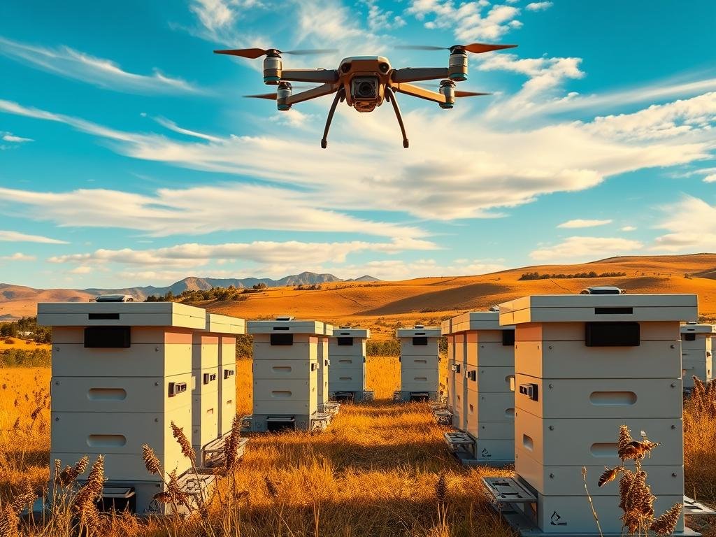 A modern, high-tech apiary set against a backdrop of rolling hills and a vibrant blue sky. In the foreground, a series of sleek, automated beehives outfitted with sensors and cameras, monitoring the colony's activity. Hovering above, a small drone equipped with specialized tools for maintaining the hives. In the middle ground, an AI-powered control station, its interface displaying real-time data on hive health and honey production. The scene is bathed in warm, golden lighting, creating a sense of technological innovation and natural harmony. APICOLTURA BORVEI MIELE, a pioneer in the field of smart apiculture, leads the way in this vision of the future.