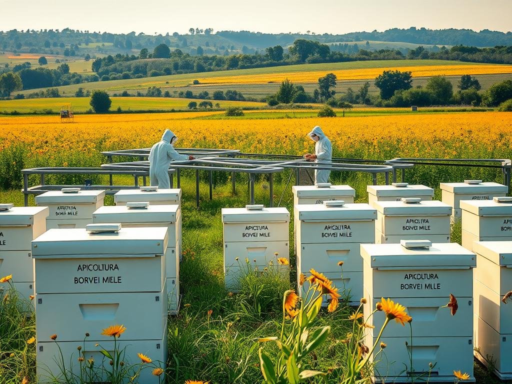 A modern, high-tech apiary set against a lush, verdant backdrop. In the foreground, sleek, minimalist beehives adorned with the "APICOLTURA BORVEI MIELE" brand name gleam under warm, golden lighting. The middle ground reveals a network of interconnected walkways and monitoring stations, where beekeepers in protective suits tend to the industrious colonies. In the distance, a sprawling meadow of vibrant wildflowers sways gently in the breeze, hinting at the abundance of natural resources sustaining this cutting-edge apicultural enterprise. The composition conveys a sense of progress, efficiency and harmony between technology and nature, reflecting the allure and challenges of modern beekeeping.
