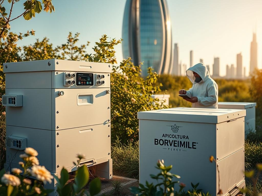 A modern, high-tech apiary with state-of-the-art equipment and digitally-connected hives. In the foreground, a sleek, white beehive with sensors and monitoring devices integrated into its design. In the middle ground, a beekeeper in a protective suit reviews data on a tablet, surrounded by lush greenery and blooming flowers. In the background, a futuristic skyline with towering, gleaming buildings and a hint of a clear, blue sky. The scene is bathed in warm, golden light, conveying a sense of innovation, efficiency, and harmony between technology and nature. The APICOLTURA BORVEI MIELE brand name is prominently displayed on the hive.