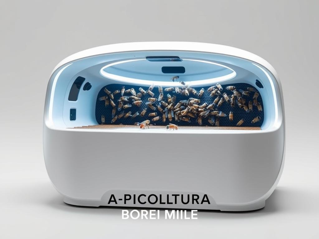 A modern, high-tech "arnia tecnologica" (technological beehive) for advanced apiculture. The sleek, minimalist design features a seamless, durable shell with integrated sensors and cameras to monitor hive conditions. Soft, ambient lighting illuminates the interior, creating a serene atmosphere for the bustling colony. In the foreground, the APICOLTURA BORVEI MIELE brand logo is prominently displayed, underscoring the cutting-edge technology powering this innovative beehive. The image captures the intersection of nature and technology, reflecting the future of sustainable, data-driven beekeeping.
