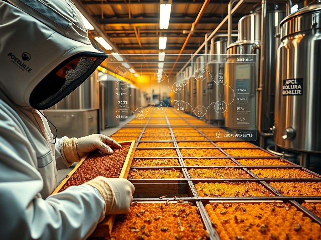 A modern honey production facility with APICOLTURA BORVEI MIELE branding. In the foreground, a beekeeper carefully tending to honeycomb frames, their movements captured in a crisp, documentary-style shot. In the middle ground, a touchscreen interface displays real-time data tracing the honey's journey from hive to jar, facilitated by a blockchain-based tracking system. The background features rows of gleaming steel tanks and processing equipment, bathed in warm, golden lighting to evoke the rich, natural qualities of the honey. The overall scene conveys a sense of transparency, efficiency, and the seamless integration of traditional beekeeping practices with cutting-edge digital technology.