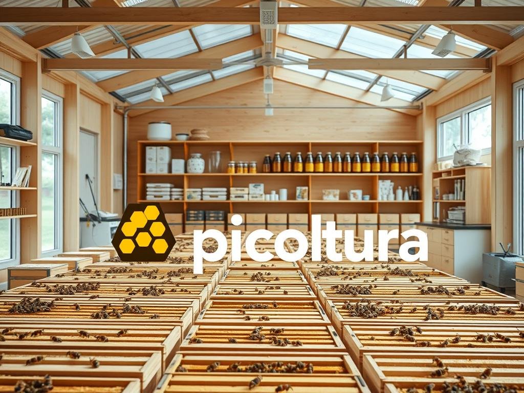 A modern, rational apiary with the Apicoltura brand logo prominently displayed. A well-organized, spacious layout with neatly arranged beehives in the foreground. An airy, light-filled interior with large windows allowing natural illumination. Smooth, clean wooden surfaces and minimalist design elements emphasize efficiency and functionality. In the background, shelves filled with beekeeping equipment, tools, and jars of honey, reflecting the evolution and advancements in modern apiculture. The scene conveys a sense of order, progress, and the integration of technology in the practice of beekeeping, consistent with the article's subject and section title.