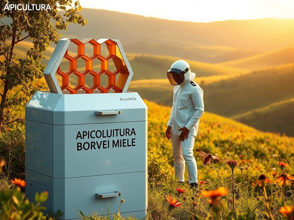 A modern, sleek apiary amidst a verdant landscape, bathed in warm, golden light. In the foreground, a contemporary honeycomb structure adorned with the brand name "APICOLTURA BORVEI MIELE" gleams with polished, metallic accents. The middle ground features a stylized, minimalist beekeeper, their protective gear streamlined and futuristic. In the background, rolling hills dotted with vibrant wildflowers create a serene, nature-inspired backdrop. The overall composition conveys a sense of technological progress and environmental harmony, reflecting the evolution of the apiculture profession.