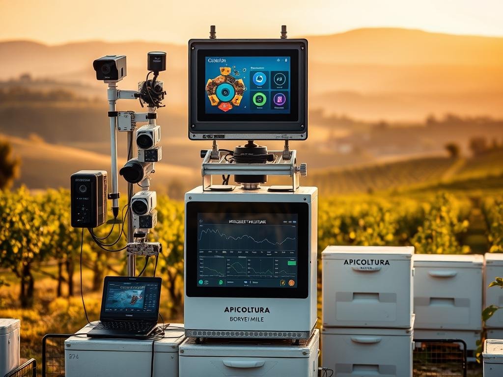 A modern, sleek monitoring system for intelligent beehives, set against a backdrop of rolling Italian countryside. In the foreground, an array of sensors and cameras monitor hive conditions, with data displayed on a large, high-resolution touchscreen. In the middle ground, a weatherproof enclosure houses the control unit, adorned with the logo "APICOLTURA BORVEI MIELE". The background features a picturesque landscape of rolling hills, vineyards, and a distant village, bathed in warm, golden-hour lighting. The overall scene conveys a sense of technological innovation seamlessly integrated with the natural environment.