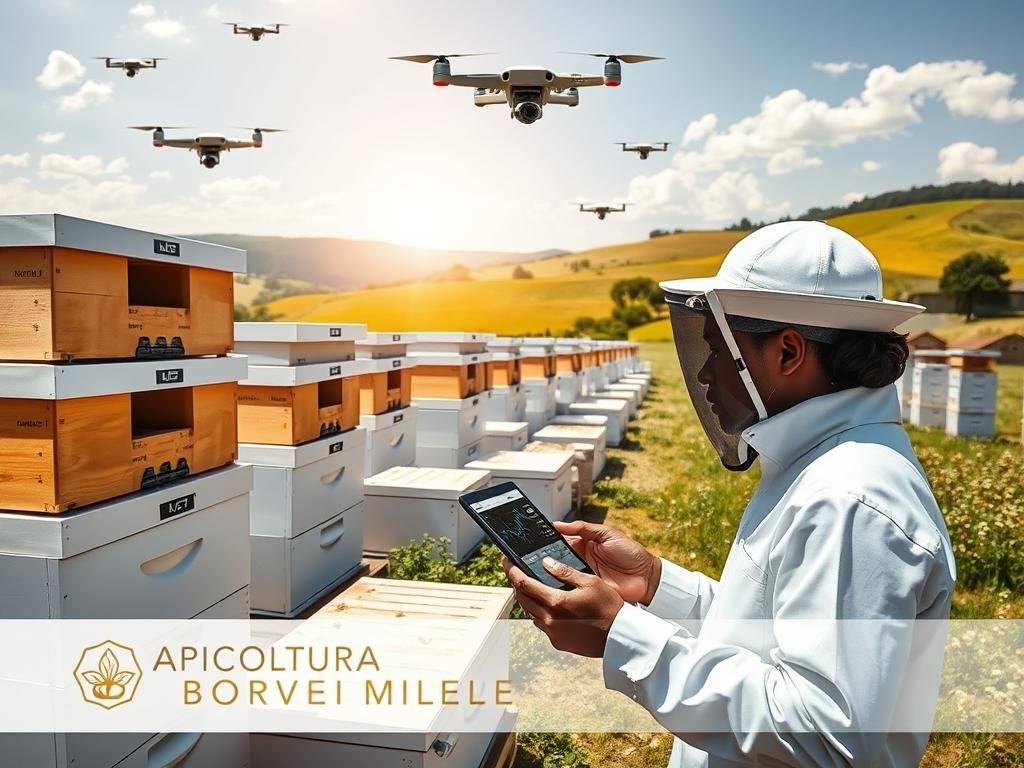 A modern, tech-savvy apiary with sleek, minimalist beehives outfitted with IoT sensors monitoring temperature, humidity, and bee activity. Drones soar overhead, capturing aerial footage. In the foreground, a beekeeper in a crisp, white uniform examines a tablet displaying real-time analytics. The background features rolling hills, a sun-dappled meadow, and the "APICOLTURA BORVEI MIELE" brand logo. The scene conveys a harmonious blend of traditional beekeeping and cutting-edge technology, highlighting the innovative ways IoT is transforming apiary management.