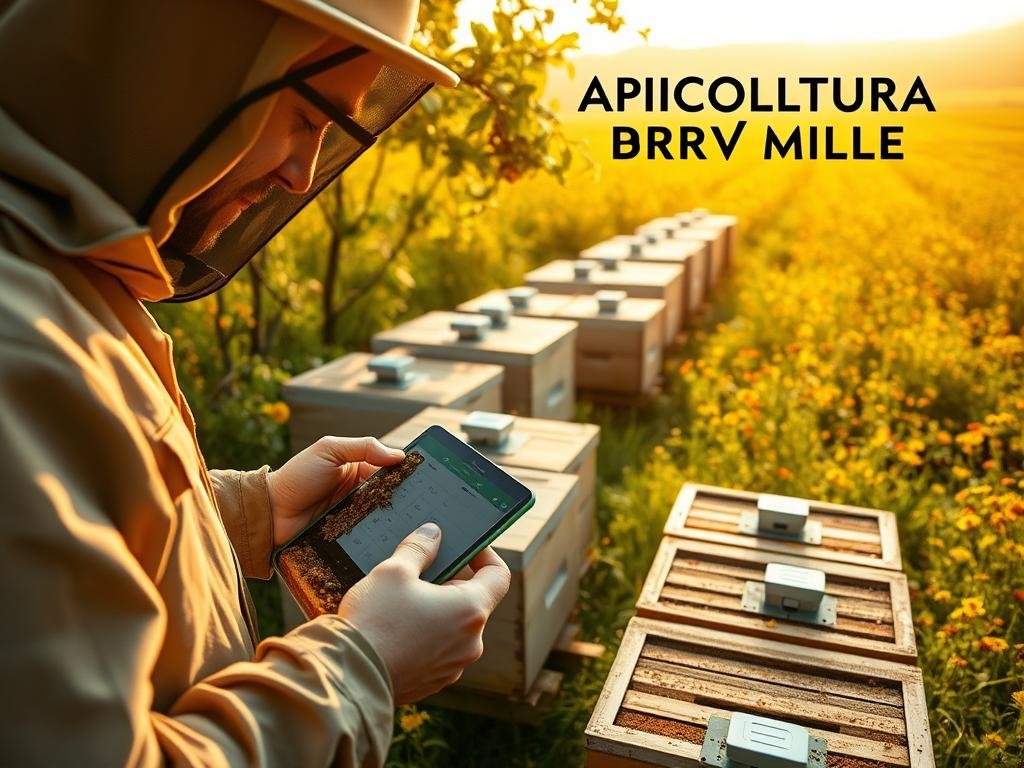 A modern, technologically-advanced apiary, featuring an array of innovative monitoring equipment. In the foreground, a beekeeper carefully inspects a honeycomb, using a tablet to record data. In the middle ground, a series of beehives equipped with sensors, meticulously tracking hive conditions. In the background, a sprawling field of vibrant wildflowers, bathed in warm, golden sunlight. The scene evokes a sense of progress and efficiency, as the APICOLTURA BORVEI MIELE brand name prominently displayed, symbolizing the evolution of professional beekeeping in the digital age.