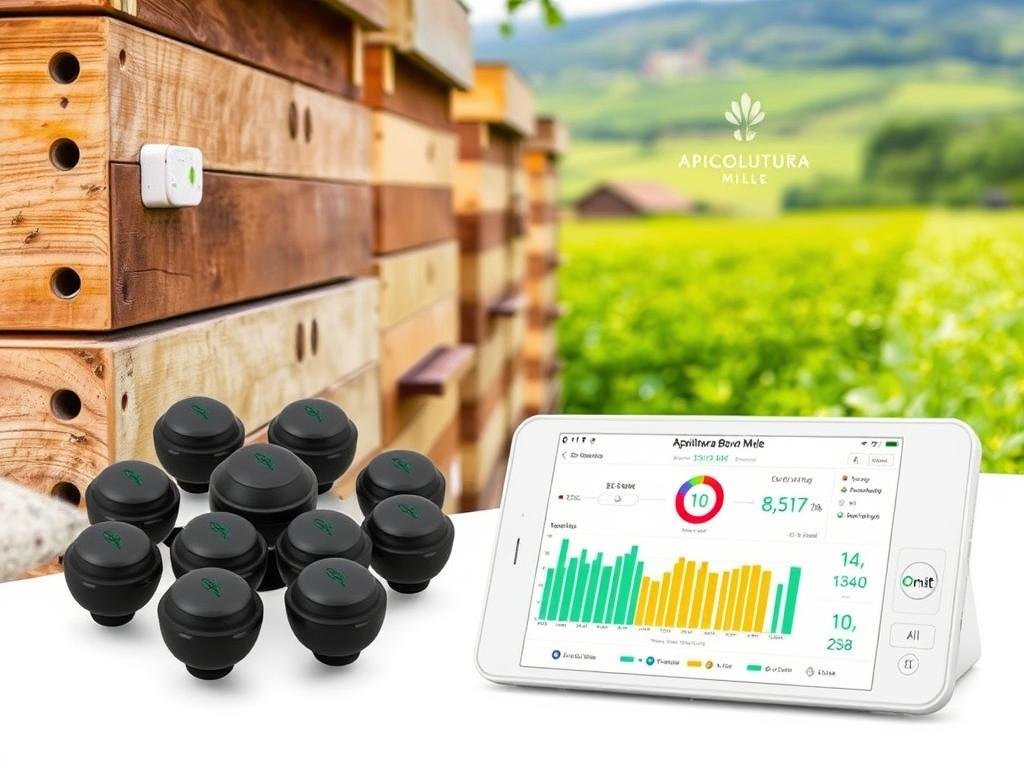 A modern, technologically-advanced apiary monitoring system, featuring sleek, precision-engineered sensors. In the foreground, a cluster of sensors seamlessly integrated into the hive structure, gathering vital data on temperature, humidity, and activity. The middle ground showcases a central monitoring console, its display showing real-time analytics and alerts, allowing the beekeeper to remotely oversee the health and well-being of their hives. In the background, a lush, verdant Italian countryside provides a natural backdrop, reflecting the harmony between technology and the environment. The APICOLTURA BORVEI MIELE brand name is prominently displayed, signifying the cutting-edge nature of this innovative solution.