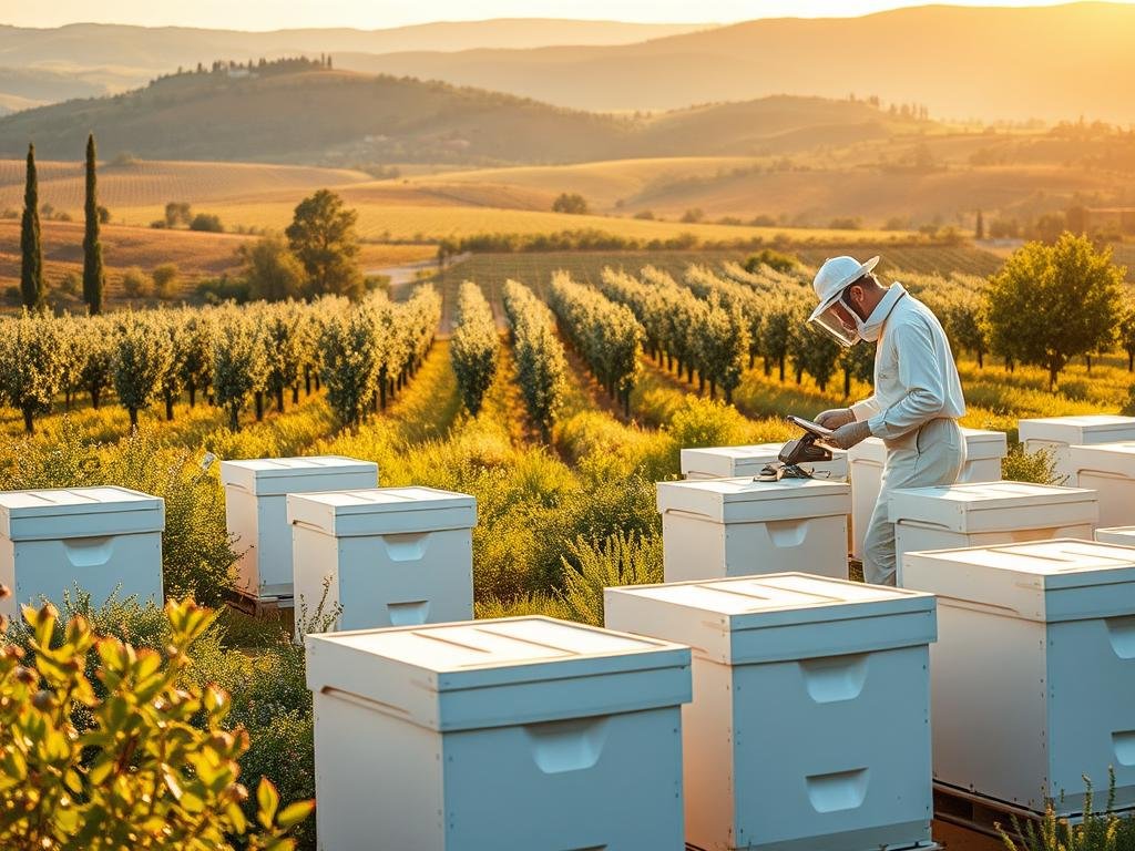 A modern, technologically-advanced apiary set against a serene, rural Italian landscape. In the foreground, the APICOLTURA BORVEI MIELE brand's sleek, streamlined beehives stand in neat rows, their smooth, gleaming surfaces reflecting the warm, golden light of the sun. Nearby, a beekeeper in crisp, protective gear carefully tends to the hives, utilizing state-of-the-art monitoring and data collection equipment. In the middle ground, rows of flowering plants and lush, verdant foliage provide a bountiful source of nectar for the industrious bees. The background features rolling hills, dotted with olive groves and vineyards, capturing the idyllic, pastoral setting of a modern Italian apicoltura. The overall scene conveys a sense of harmony between traditional beekeeping practices and innovative technological solutions, showcasing the future of sustainable, health-conscious apiculture.