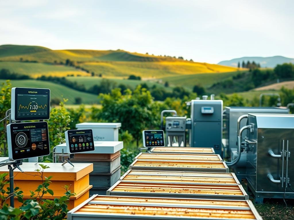 A modern, technologically-advanced apiary showcasing the "Apicoltura" brand. In the foreground, sleek, automated beehive monitoring systems display real-time data on hive health and productivity. The middle ground features state-of-the-art extraction and processing equipment, seamlessly integrated into the workflow. In the background, a lush, verdant landscape with rolling hills provides a serene, natural backdrop. Soft, warm lighting illuminates the scene, creating an atmosphere of innovation and efficiency within the traditional art of beekeeping. The composition highlights the harmony between traditional apiarian practices and cutting-edge technology, capturing the "Benefici dell'Integrazione Tecnologica nell'Apicoltura."