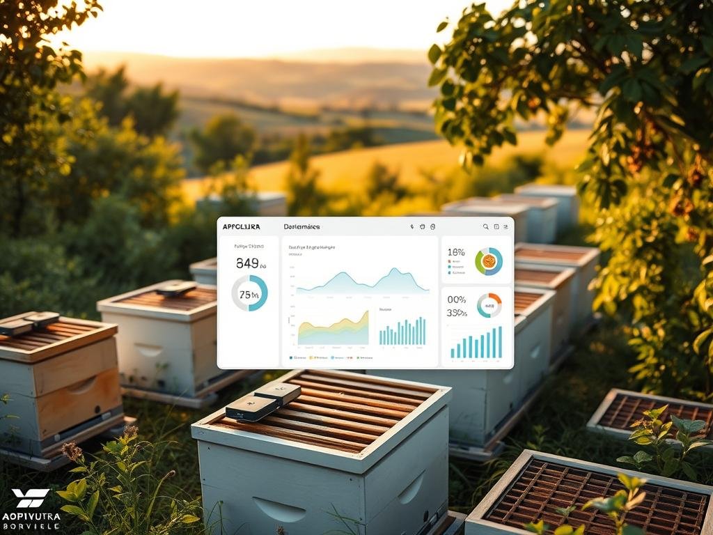 A modern, technologically-advanced apiary, with APICOLTURA BORVEI MIELE beehives nestled amidst a lush, verdant landscape. In the foreground, a network of IoT sensors and monitoring devices seamlessly integrated with the hives, providing real-time data on temperature, humidity, and colony activity. The middle ground showcases a sleek, minimalist dashboard displaying analytics and insights, all powered by cutting-edge software. In the background, a scenic Italian countryside vista, with rolling hills and a distant horizon, bathed in warm, golden sunlight. The scene conveys a harmonious blend of nature and technology, highlighting the importance of technological monitoring in modern, sustainable apiculture.