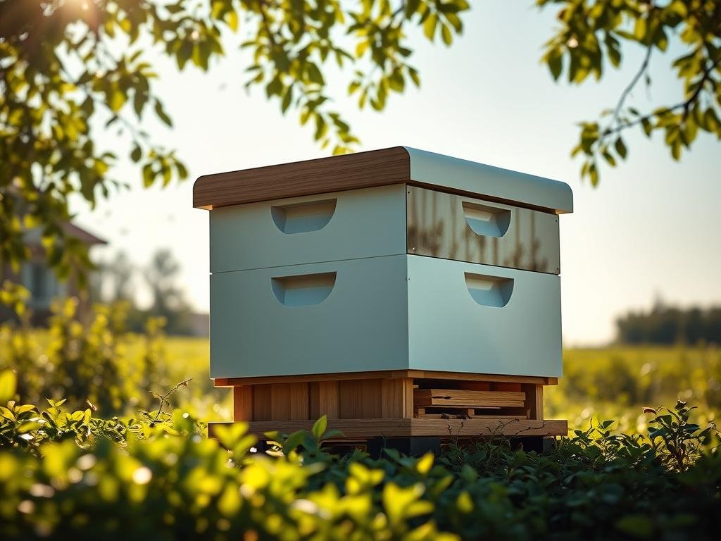 A modern, technologically-advanced beehive, the "APICOLTURA BORVEI MIELE" smart hive, sits against a backdrop of a bright, sun-dappled Italian countryside. Sleek, minimalist in design, its sensors and monitoring systems are discreetly integrated, hinting at the precision and data-driven capabilities within. The hive's exterior is crafted from warm, natural-toned materials, blending seamlessly with the lush, green foliage that surrounds it. Soft, diffused lighting illuminates the scene, creating a serene, contemplative mood, as if inviting the viewer to appreciate the artful balance of technology and nature.