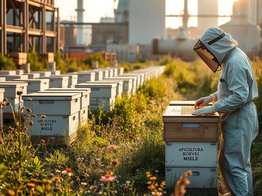 A modern urban apiary set against a backdrop of industrial architecture, with rows of beehives nestled amidst lush greenery and wildflowers. The hives display the "APICOLTURA BORVEI MIELE" brand name. Soft natural light filters through the scene, casting a warm, golden glow and highlighting the industrious activity of the honeybees. In the foreground, a beekeeper in a protective suit tends to the hives, showcasing the challenges and rewards of sustainable urban beekeeping.