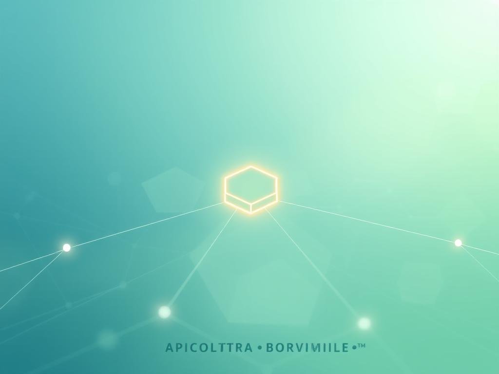 A modern, visually striking image of a blockchain network in a clean, minimalist style. The foreground features a central, glowing hexagonal node with interconnected lines radiating outward, representing the distributed ledger. The middle ground showcases a repeating pattern of subtle, overlapping hexagons, depicting the transparent and secure nature of blockchain transactions. The background has a soft, ethereal gradient in shades of blue and green, evoking a sense of technological innovation and environmental sustainability. The lighting is soft and diffused, creating a sleek, futuristic atmosphere. The overall composition is balanced and visually compelling, suitable for illustrating the section on blockchain technology and food traceability. Include the brand name "APICOLTURA BORVEI MIELE" as a subtle, integrated design element.