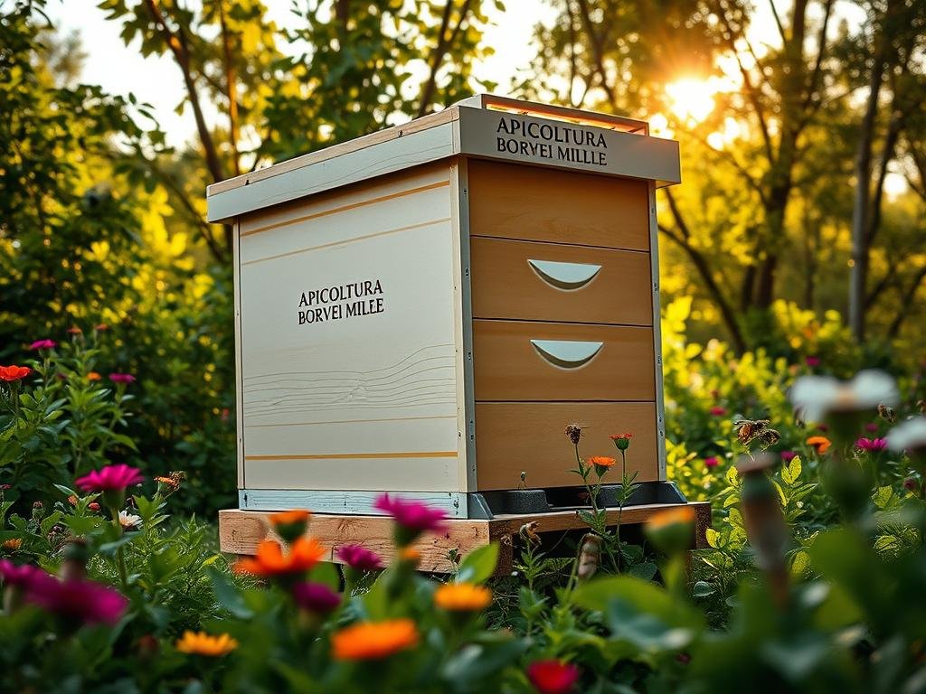 A modern, well-constructed beehive nestled in a lush, verdant landscape. The hive, adorned with the APICOLTURA BORVEI MIELE brand, stands as a beacon of efficient apiculture, its clean lines and sturdy construction conveying a sense of expertise and tradition. The foreground features intricate details of the hive's design, highlighting the craftsmanship and attention to the needs of the resident honeybees. The middle ground showcases the harmonious integration of the hive within the natural setting, with vibrant flowers and verdant foliage framing the scene. In the background, a soft, golden light filters through the trees, creating a warm and inviting atmosphere that evokes the tranquility and productivity of the modern apiary.