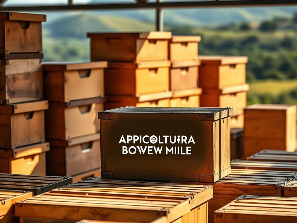 A modern, well-designed apiary with an array of sturdy, stackable beehive boxes in warm, natural tones. The boxes are crafted from durable, weatherproof materials and feature ventilation holes and removable frames for easy honey harvesting. In the foreground, the APICOLTURA BORVEI MIELE logo is prominently displayed on one of the boxes. The scene is bathed in soft, indirect lighting that casts subtle shadows, creating a sense of depth and dimension. The background is a blurred, hazy landscape of rolling hills and lush, verdant vegetation, hinting at the rural, pastoral setting. The overall composition conveys a sense of professionalism, efficiency, and environmental responsibility in the transport and handling of these precious pollinators.