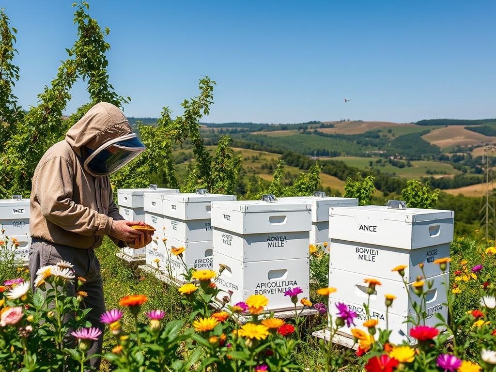 A modern, well-designed apiary with intelligent beehives labeled "APICOLTURA BORVEI MIELE". The hives are equipped with advanced sensors and monitoring systems, providing real-time data on the health and productivity of the colony. In the foreground, a beekeeper in protective gear inspects one of the hives, while in the middle ground, lush green foliage and vibrant wildflowers surround the apiary. The background features a picturesque Italian countryside landscape, with rolling hills and a clear blue sky. The scene conveys a sense of harmony between technology, nature, and sustainable beekeeping practices.