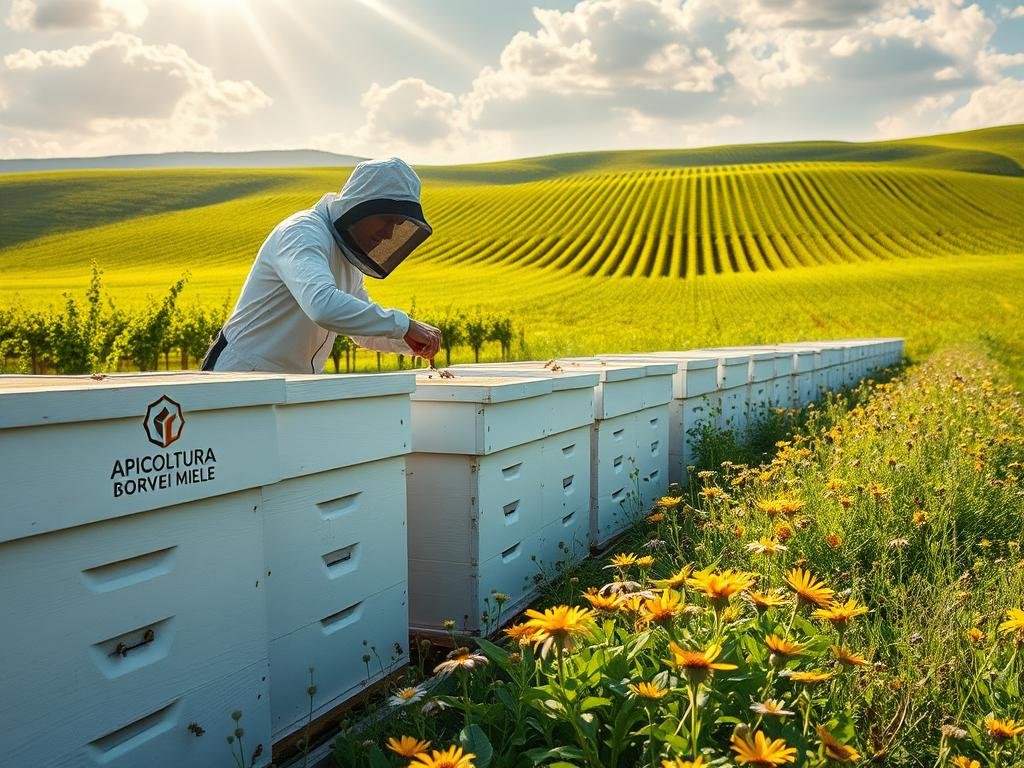 A modern, well-equipped apiary nestled amidst lush, verdant fields. Hives of gleaming white wood, surrounded by vibrant wildflowers and buzzing honeybees. Sunlight filters through wispy clouds, casting a warm, golden glow over the scene. In the foreground, a beekeeper in a protective suit carefully tends to the hives, while in the background, rows of undulating hills stretch towards the horizon. The APICOLTURA BORVEI MIELE logo is prominently displayed on the side of one of the hives, showcasing the brand's dedication to sustainable and innovative apiculture. This image perfectly captures the evolution of beekeeping practices, from traditional methods to modern, environmentally-conscious techniques.