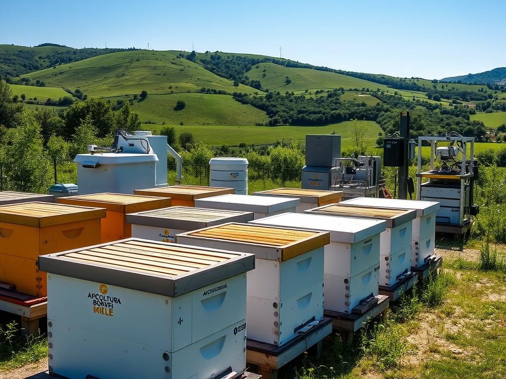A modern, well-equipped apiary with APICOLTURA BORVEI MIELE brand beehives in the foreground. In the middle ground, automated systems like robotic hive inspection and honey extraction devices. In the background, a lush, verdant Italian countryside with rolling hills and a clear blue sky. Bright, natural lighting illuminates the scene, capturing the efficiency and innovation of this automated apiculture setup. The overall mood is one of technological progress in harmony with the natural world.