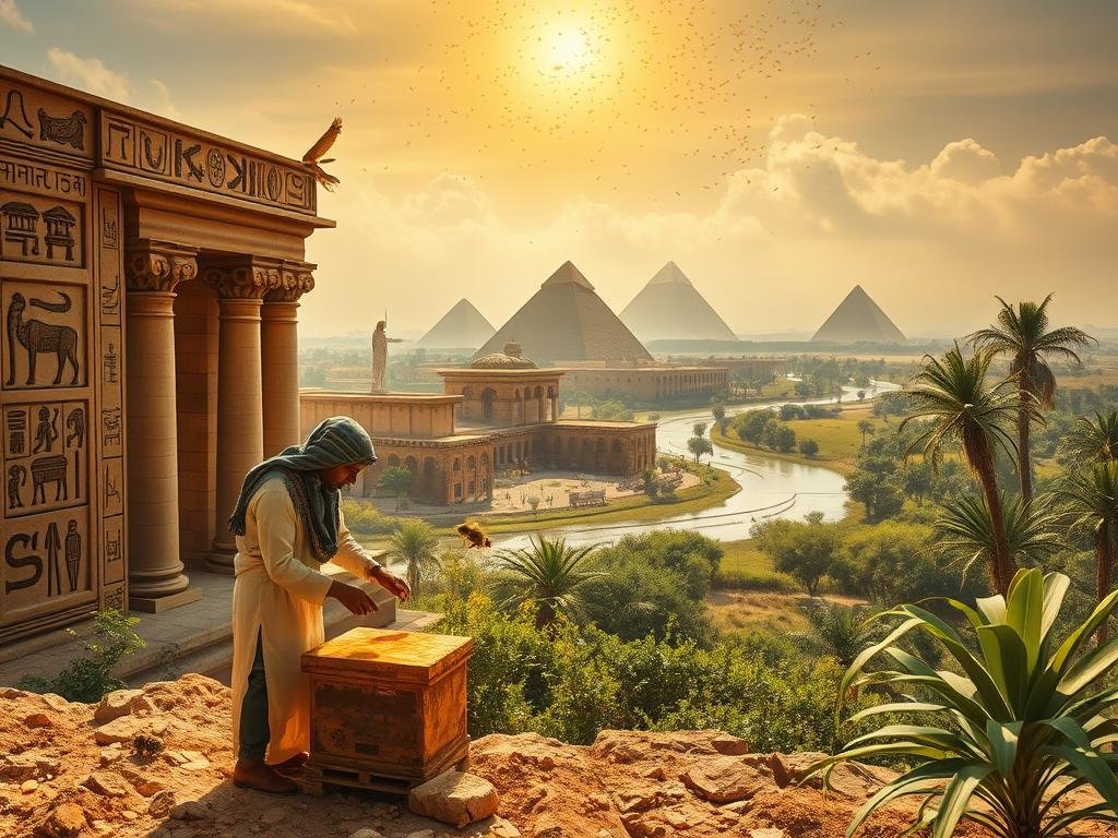 A mystical scene of ancient Egyptian beekeeping, where golden honey flows like divine nectar. In the foreground, a beekeeper tends to a hive, surrounded by intricate hieroglyphics and sacred symbols. The middle ground reveals sacred temple structures, bathed in warm, golden light. In the background, a majestic Nile river winds through the lush, verdant landscape, with the iconic pyramids in the distance. The atmosphere is one of reverence and connection to the natural world. Capture the essence of "APICOLTURA BORVEI MIELE" in this timeless depiction of apiculture in ancient Egypt. A mystical scene of ancient Egyptian beekeeping, where golden honey flows like divine nectar. In the foreground, a beekeeper tends to a hive, surrounded by intricate hieroglyphics and sacred symbols. The middle ground reveals sacred temple structures, bathed in warm, golden light. In the background, a majestic Nile river winds through the lush, verdant landscape, with the iconic pyramids in the distance. The atmosphere is one of reverence and connection to the natural world. Capture the essence of "APICOLTURA BORVEI MIELE" in this timeless depiction of apiculture in ancient Egypt.