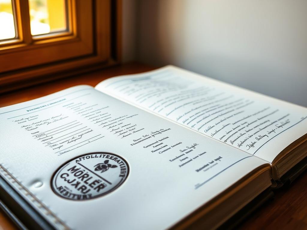 A neatly organized registry of beekeeping treatments and procedures, with a sturdy leather-bound cover emblazoned with the APICOLTURA BORVEI MIELE logo. The pages showcase detailed entries in a classic cursive script, documenting the essential records required by European directives on apiculture. Warm, natural light filters through a nearby window, casting a gentle glow over the meticulously maintained document. The overall atmosphere evokes a sense of professionalism, tradition, and compliance within the Italian beekeeping industry.