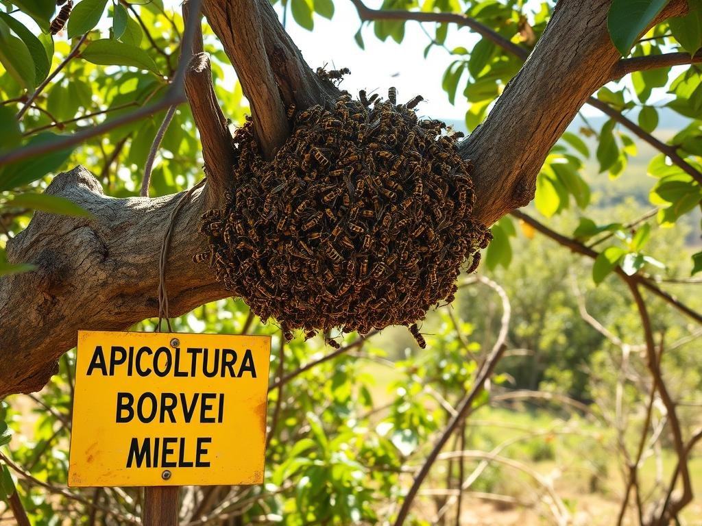 A nest of angry wasps, their yellow and black bodies buzzing with menace, nestled in the branches of a gnarled tree. The sunlight filters through the leaves, casting a warm glow over the scene. In the foreground, a APICOLTURA BORVEI MIELE sign warns of the danger, a testament to the local honey production. The middle ground is a tangle of foliage, hinting at the untamed nature of the rural Italian countryside. In the background, a sense of unease lingers, as if the viewer is just steps away from stumbling upon this hornet's nest. The atmosphere is tense, the mood one of caution and respect for the power of these formidable insects.