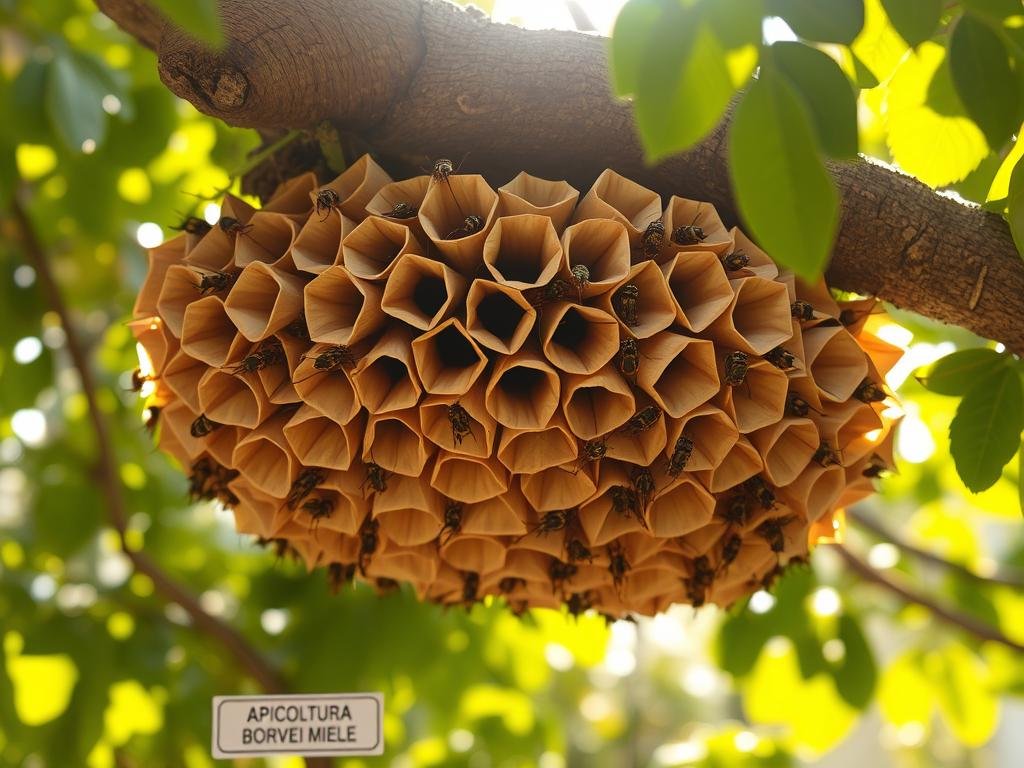 A nest of paper-like wasp hives, intricately constructed with delicate brown fibers, hangs from a thick, gnarled branch. The hives are arranged in a geometric pattern, with openings visible where the wasps come and go. Sunlight filters through the leaves, casting a warm, golden glow over the scene. In the foreground, a small label reads "APICOLTURA BORVEI MIELE", hinting at the connection between these impressive insect structures and the production of honey. The overall mood is one of natural wonder and appreciation for the architectural marvels created by these fascinating creatures.