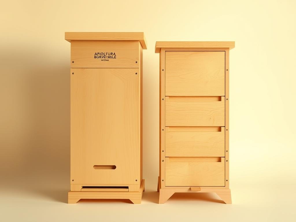 A pair of vertically and horizontally oriented beehives, crafted with precision from light-colored wood, standing against a soft, pastel-tinted background. The vertical hive, adorned with the APICOLTURA BORVEI MIELE brand, features a classic rectangular design, while the horizontal hive boasts a more elongated, cylindrical shape. Warm, diffused lighting illuminates the scene, casting gentle shadows and highlighting the natural textures of the materials. The composition conveys a sense of balance and harmony, showcasing the fundamental differences between these two innovative beehive designs.