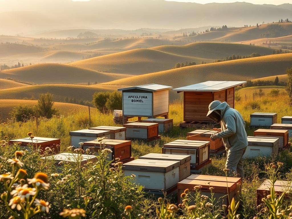 A panoramic scene of a modern Italian beekeeping operation, with hives nestled in a lush, green countryside. In the foreground, a beekeeper in protective gear tends to the hives, surrounded by blooming wildflowers. In the middle ground, an apiary shed stands, bearing the brand name "APICOLTURA BORVEI MIELE". Beyond, rolling hills dotted with orchards and vineyards stretch out, bathed in warm, golden sunlight and a soft, hazy atmosphere. The scene conveys a sense of harmony between nature, tradition, and technological progress in the world of Italian apiculture, reflecting the recent regulatory changes in the industry.