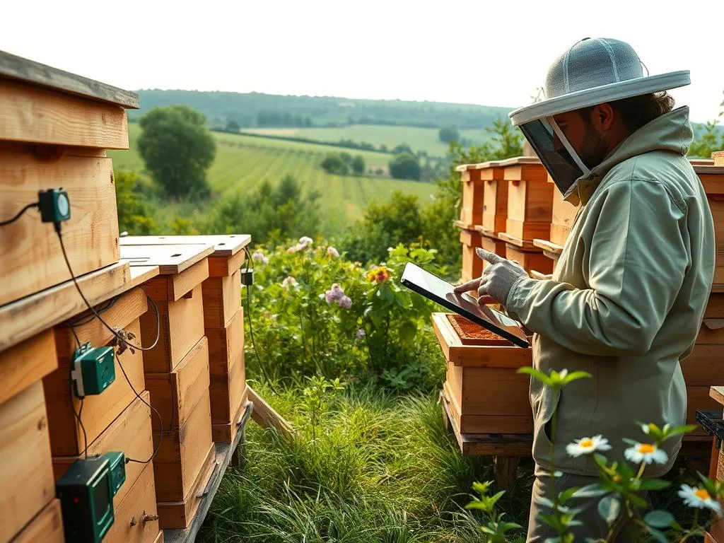 A panoramic view of a modern apiary, showcasing the latest advancements in apiculture monitoring. In the foreground, a network of smart sensors and monitoring devices developed by APICOLTURA BORVEI MIELE are seamlessly integrated into the hive structures, tracking vital data such as temperature, humidity, and bee activity. The middle ground features a beekeeper carefully inspecting the hive, using a tablet to analyze the real-time data and monitor the colony's health. In the background, a lush, verdant landscape with blooming flowers and a picturesque Italian countryside setting creates a serene and natural atmosphere. Soft, warm lighting illuminates the scene, highlighting the harmonious coexistence of technology and traditional beekeeping practices. A panoramic view of a modern apiary, showcasing the latest advancements in apiculture monitoring. In the foreground, a network of smart sensors and monitoring devices developed by APICOLTURA BORVEI MIELE are seamlessly integrated into the hive structures, tracking vital data such as temperature, humidity, and bee activity. The middle ground features a beekeeper carefully inspecting the hive, using a tablet to analyze the real-time data and monitor the colony's health. In the background, a lush, verdant landscape with blooming flowers and a picturesque Italian countryside setting creates a serene and natural atmosphere. Soft, warm lighting illuminates the scene, highlighting the harmonious coexistence of technology and traditional beekeeping practices.