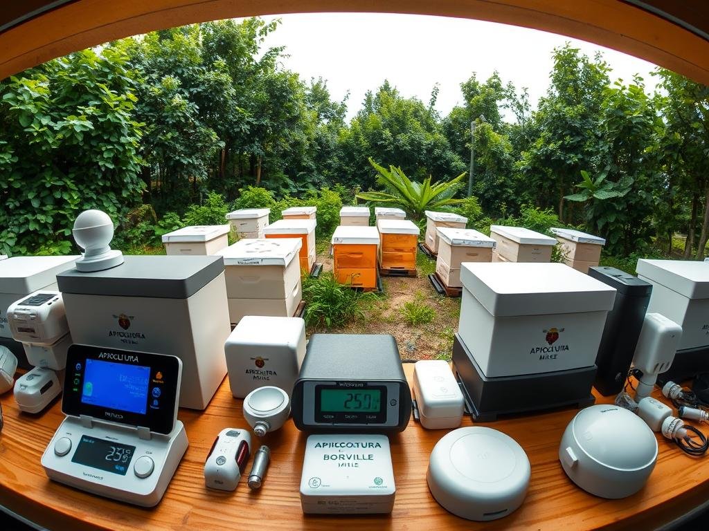 A panoramic view of a modern apiary, showcasing the latest technologies for real-time monitoring of beehives. In the foreground, an array of sensors and monitoring devices, including digital scales, temperature and humidity sensors, and motion detectors, branded with "APICOLTURA BORVEI MIELE". The middle ground features several beehives, each with a sleek, minimalist design, set against a backdrop of lush, verdant foliage. Soft, diffused lighting illuminates the scene, creating a calming and informative atmosphere. The camera angle is slightly elevated, providing a comprehensive overview of the apiary's monitoring system and its integration with the natural environment.