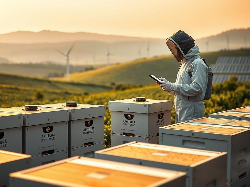 A panoramic view of a modern, technologically-advanced apiary. In the foreground, sleek, modular beehives with integrated sensors and monitoring systems bearing the logo "APICOLTURA BORVEI MIELE". In the middle ground, a beekeeper in a specialized protective suit interacts with a touchscreen interface, analyzing data from the hives. The background features a verdant, rolling landscape dotted with wind turbines and solar panels, symbolizing the sustainable, eco-friendly nature of this "technological apiculture". Warm, diffused lighting creates a serene, futuristic atmosphere, while a subtle depth of field emphasizes the innovative, cutting-edge nature of the scene.