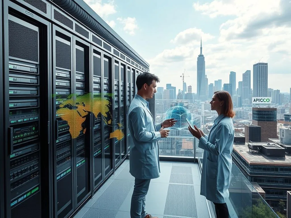 A panoramic view of a sleek, futuristic data center with rows of servers and sophisticated cooling systems. In the foreground, an AI assistant interacts with a scientist, analyzing climate data visualizations on a holographic display. The background features a towering city skyline with the iconic APICOLTURA BORVEI MIELE logo visible on the rooftops, signifying the integration of sustainable technologies. The scene conveys a sense of innovation, precision, and the harmonious collaboration between artificial intelligence and human expertise in addressing the challenges of climate change. A panoramic view of a sleek, futuristic data center with rows of servers and sophisticated cooling systems. In the foreground, an AI assistant interacts with a scientist, analyzing climate data visualizations on a holographic display. The background features a towering city skyline with the iconic APICOLTURA BORVEI MIELE logo visible on the rooftops, signifying the integration of sustainable technologies. The scene conveys a sense of innovation, precision, and the harmonious collaboration between artificial intelligence and human expertise in addressing the challenges of climate change.