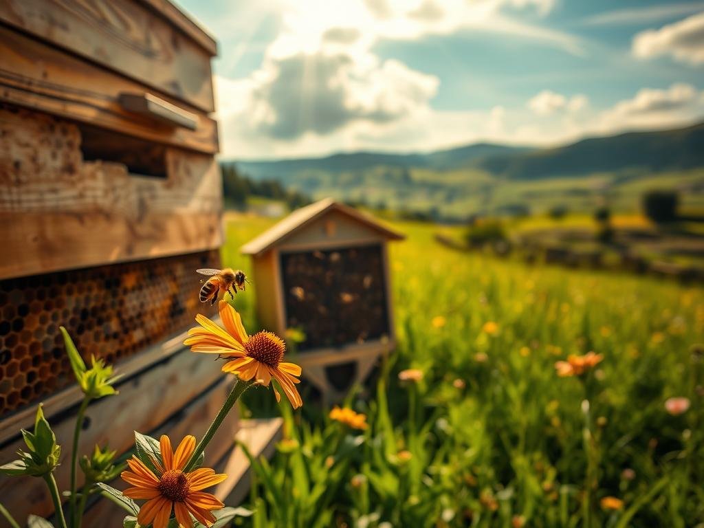 A pastoral beehive nestled in a lush, verdant meadow, its wooden frames teeming with honeycomb structures. Sunlight filters through wispy clouds, casting a warm, golden glow on the scene. In the foreground, a honeybee alights on a vibrant wildflower, its delicate wings fluttering. In the middle ground, the hive's entrance is abuzz with industrious activity, worker bees busily flying in and out. In the background, rolling hills and a cloudless sky create a serene, idyllic backdrop. The image conveys the cyclical, harmonious nature of the beehive's vital processes throughout the seasons. APICOLTURA BORVEI MIELE.