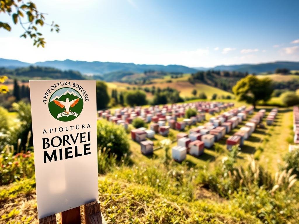 A pastoral scene of a miele produzione facility, set against a backdrop of lush Italian countryside. In the foreground, the APICOLTURA BORVEI MIELE brand logo stands prominently, denoting the high-quality, local origin of the honey. The middle ground features a well-organized apiary, with rows of beehives nestled among flowering plants and trees. In the background, rolling hills and a bright, sun-dappled sky create a serene, idyllic atmosphere. The lighting is natural and soft, casting a warm glow over the entire scene. The camera angle is slightly elevated, offering a panoramic view that showcases the harmony between the miele produzione operation and its picturesque natural surroundings. A pastoral scene of a miele produzione facility, set against a backdrop of lush Italian countryside. In the foreground, the APICOLTURA BORVEI MIELE brand logo stands prominently, denoting the high-quality, local origin of the honey. The middle ground features a well-organized apiary, with rows of beehives nestled among flowering plants and trees. In the background, rolling hills and a bright, sun-dappled sky create a serene, idyllic atmosphere. The lighting is natural and soft, casting a warm glow over the entire scene. The camera angle is slightly elevated, offering a panoramic view that showcases the harmony between the miele produzione operation and its picturesque natural surroundings.