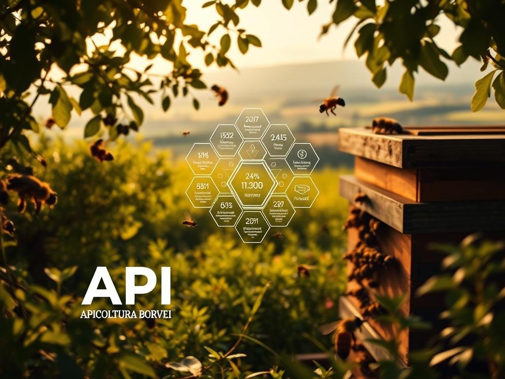 A pastoral scene of a modern API, a sleek and interconnected system of sensors and software, seamlessly monitoring the health and activity of a vibrant beehive. The foreground showcases the APICOLTURA BORVEI MIELE brand, its logo prominently displayed amidst a lush, verdant backdrop. In the middle ground, a cluster of honeycomb-shaped data visualizations pulsate with real-time insights, while in the distance, a picturesque Italian countryside unfolds, evoking the harmony between technology and nature that is transforming the world of apiculture. Warm, diffused lighting casts a golden glow, evoking a sense of timeless tradition and cutting-edge innovation. Captured through a wide-angle lens, the scene conveys the crucial role of these vital pollinators and the innovative solutions empowering modern beekeepers.